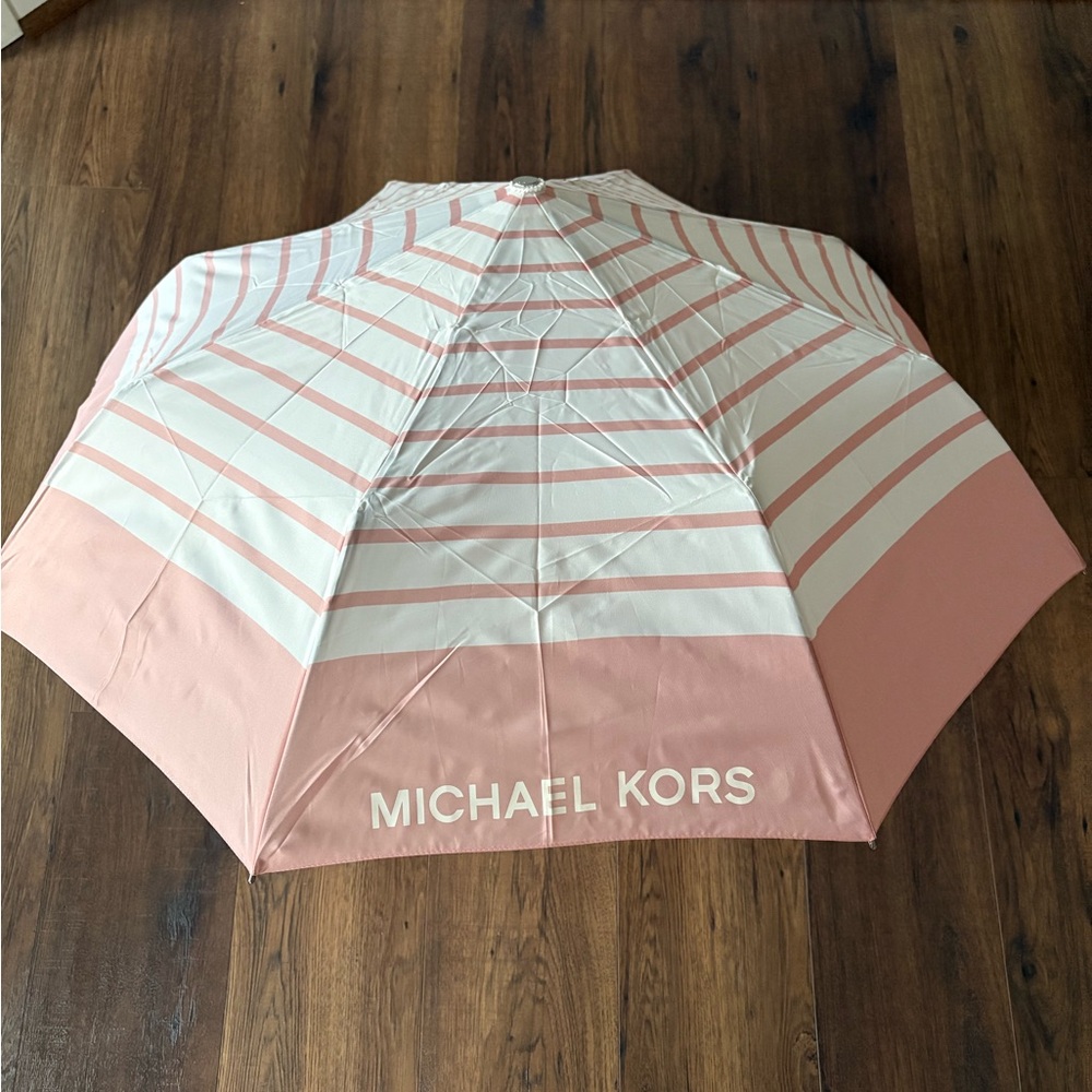 Michael Kors Automatic Blush and White Striped Umbrella